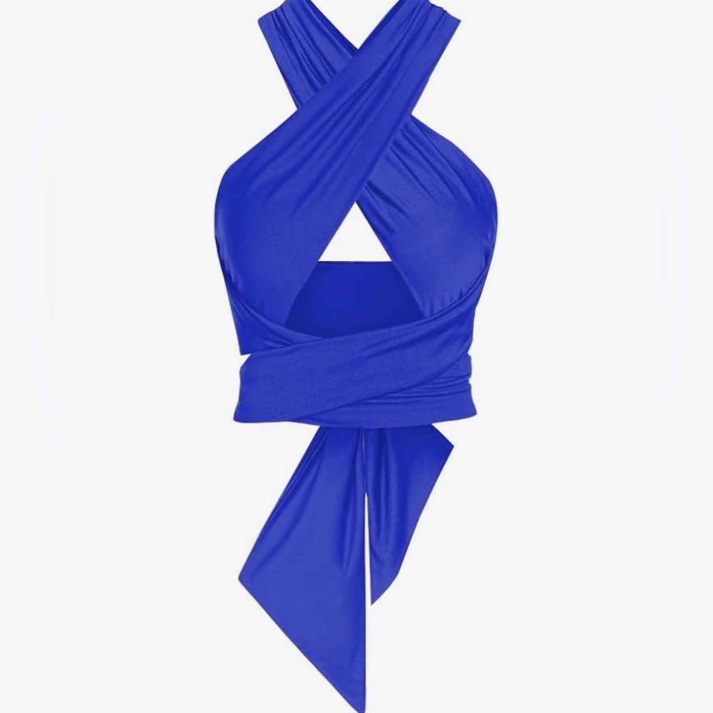 Halter Cami Bandana Cross Cross Wrap Tank Top in Royal Blue Size Small NWOT - Picture 3 of 4